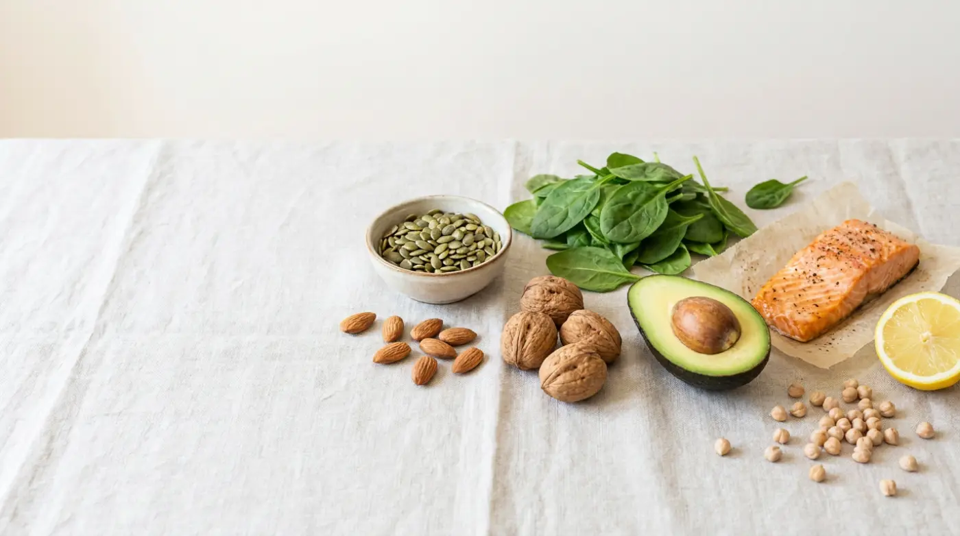 Açık renk keten örtü üzerinde kabak çekirdeği, badem, ceviz, ıspanak yaprakları, avokado, somon dilimi, limon ve nohut