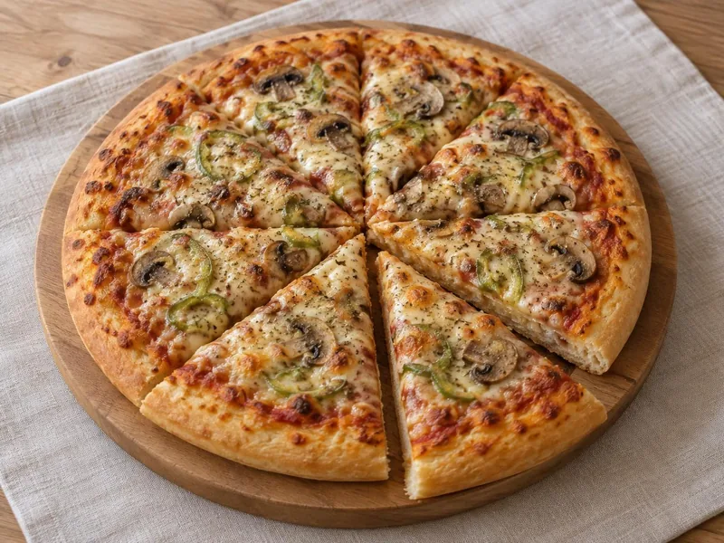 Ahşap tahta üzerinde sekiz dilime kesilmiş, mantarlı, yeşil biberli ve kaşarlı glütensiz pizza, yapay zekâ ile üretilmiş görsel
