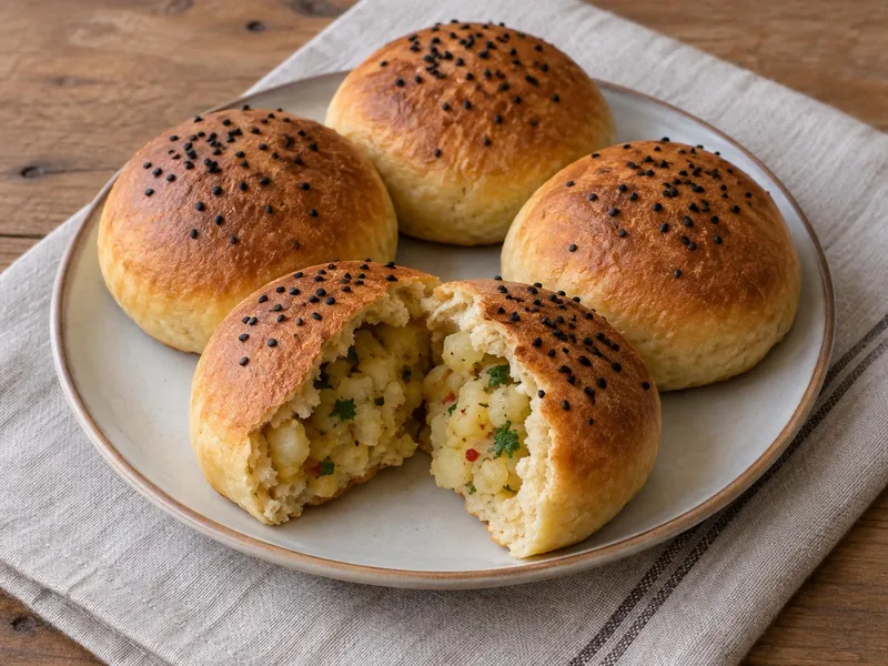 Tabakta çörek otlu patatesli poğaçalar; biri açılmış, patatesli ve maydanozlu içi görünüyor, yapay zekâ ile üretilmiş görsel